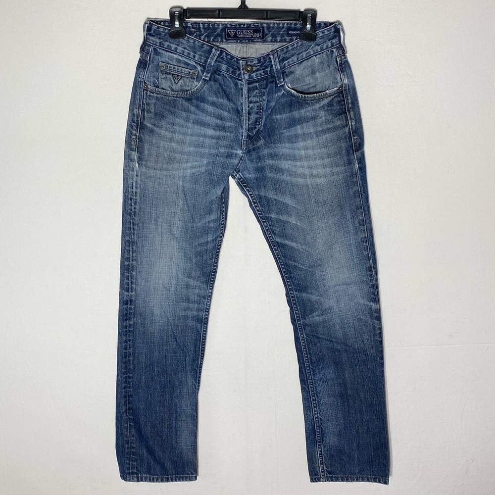 Guess Jeans 1981 Distressed Vermont Slim Tapered Med Wash Blue Jeans 32